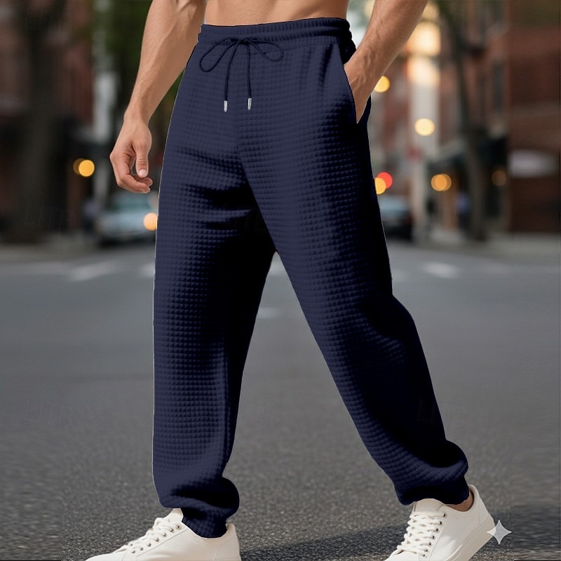 Homens Waffle Calças Esportivas Calças Calça de moletom de perna reta Com Cordão Bolso frontal Tecido Conforto Comprimento total Diário Ao ar livre Trabalho Moda Roupa de rua Preto Azul Céu Com de 2026 por $22.99 –P5