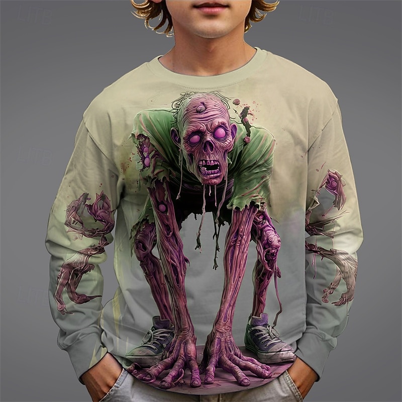 Halloween Jongens 3D Doodskoppen T-shirt Lange mouw Lente Herfst Modieus Basic Kinderen 4-12 jaar Strakke ronde hals Buiten Casual Dagelijks Normale pasvorm 2026 - $15.49 –P2
