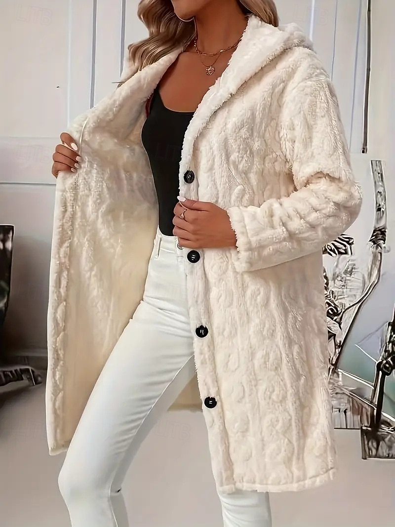 Damen Sherpa-Jacke Bequem Atmungsaktiv Jacquard Elegant Lässig Einfach Urlaub Straße Lässig Alltagskleidung Einreihig Lang Mit Kapuze Normale Passform Langarm Oberbekleidung Beige Frühling Herbst 2025 - $37.99 –P1