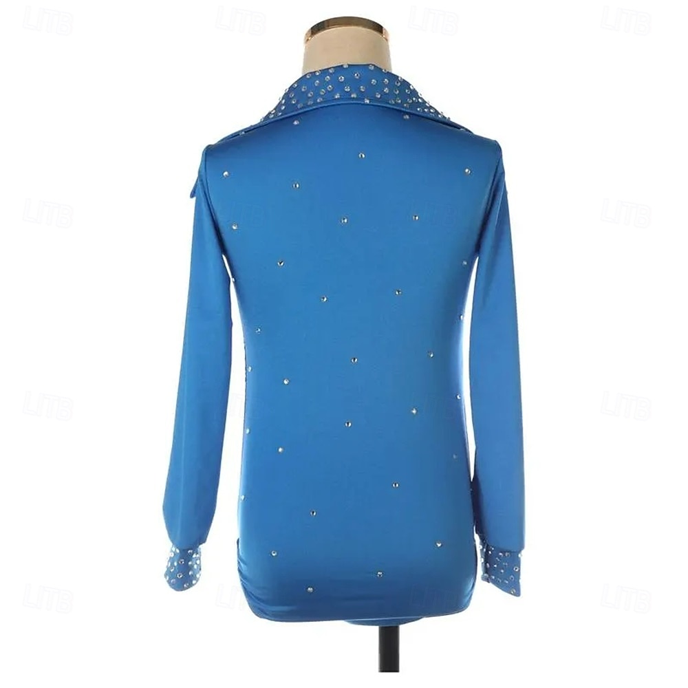 Topp til kunstløp Herre Gutt Skøyteløp Topper Blå Lapper Spandex Høy Elastisitet Trening Konkurranse Skøyteklær Klassisk Krystall / Rhinstein Langermet Skøyting Kunstløp 2025 - $283.99 –P3