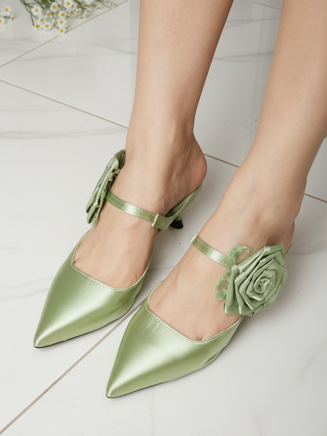 Women's Green Satin Pointed Toe Heels with Floral Ankle Strap - Elegant Cocktail Party Shoes for Evening Events 2026 - $34.99 Women's Green Satin Pointed Toe Heels with Floral Ankle Strap - Elegant Cocktail Party Shoes for Evening Events 2026 - $34.99