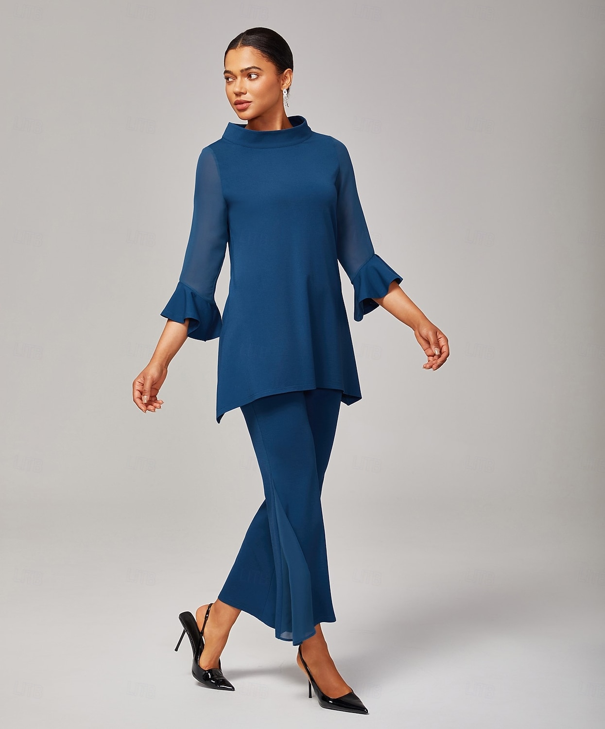 Dunkelblaue Chiffon-Modal-Slim-Fit-Bluse für Damen mit transparenten Ärmeln, elegant, leicht, atmungsaktiv, fürs Büro, Abendessen oder Date 2025 - $61.99 –P2