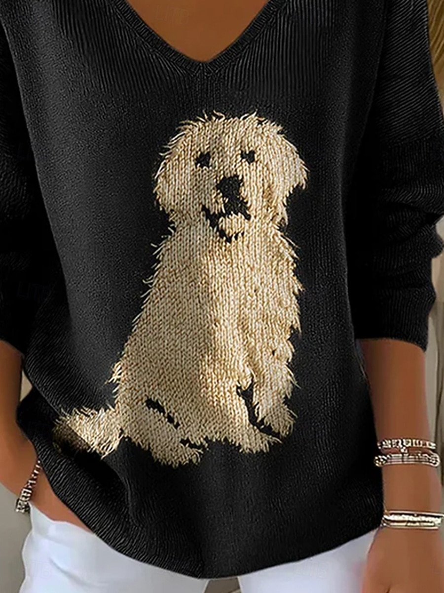 γυναικείο πουλόβερ golden retriever μόδα streetwear casual γραφικό ζώο λαιμόκοψη V oversized πλεκτό μακρυμάνικο κανονικό τοπ πλεκτό ΕΞΩΤΕΡΙΚΟΥ ΧΩΡΟΥ καθημερινό μαύρο άνοιξη φθινόπωρο 2026 - $11.99 –P3