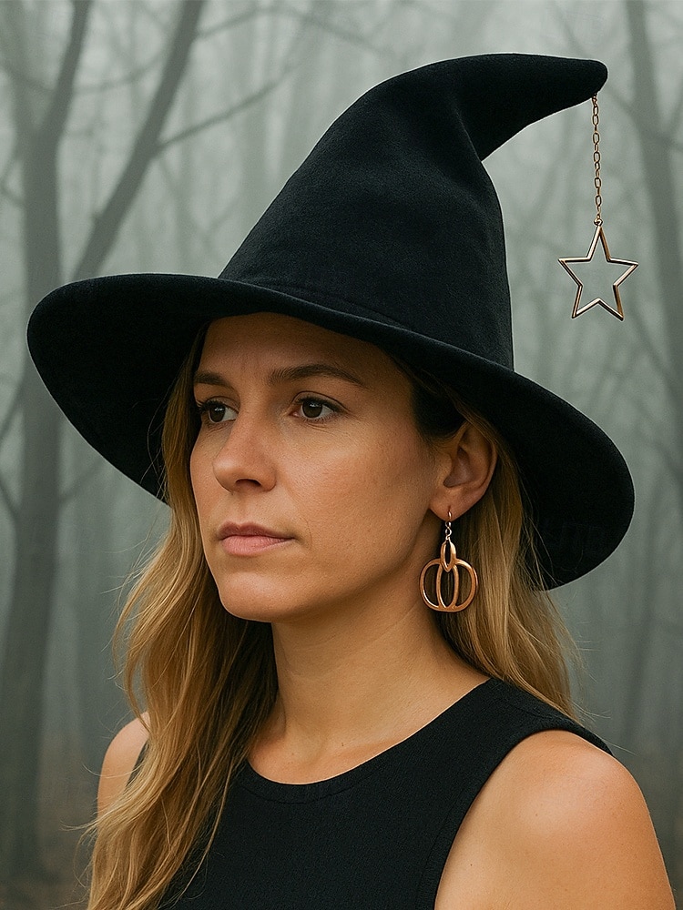 Dámský halloweenský čarodějnický klobouk – sametový špičatý čarodějnický klobouk s hvězdným přívěskem na kostýmní párty, cosplay a festival 2025 - $14.99 –P2