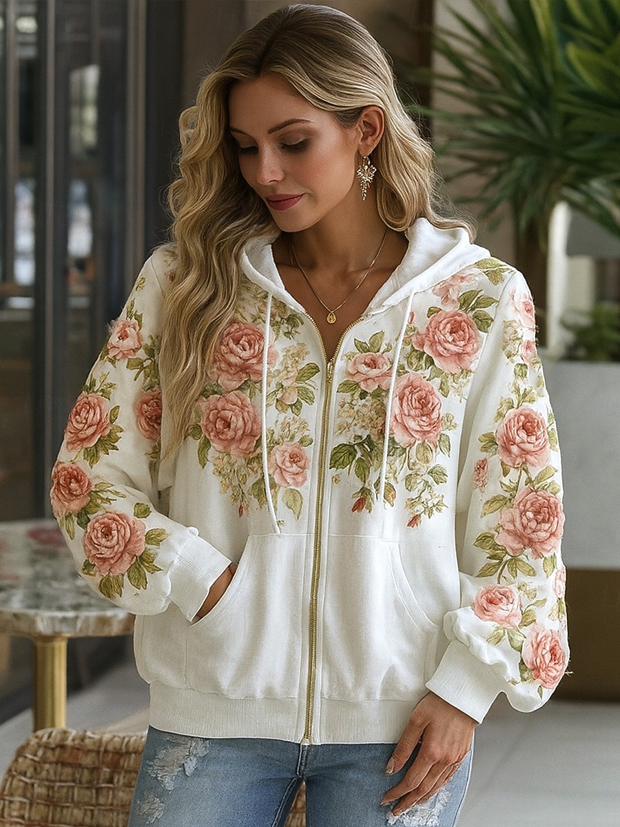 Dame 3D Print Vintage Boho Hoodie Patchwork Hoodie Sweatshirt Floral Zip Up s Vintage Motemessig Casual Langermet Hettegenser Gate Hverdagsbruk Casual Patchwork Glidelåslomme Rød Blå Spring Fall 2026 - $39.99 –P7
