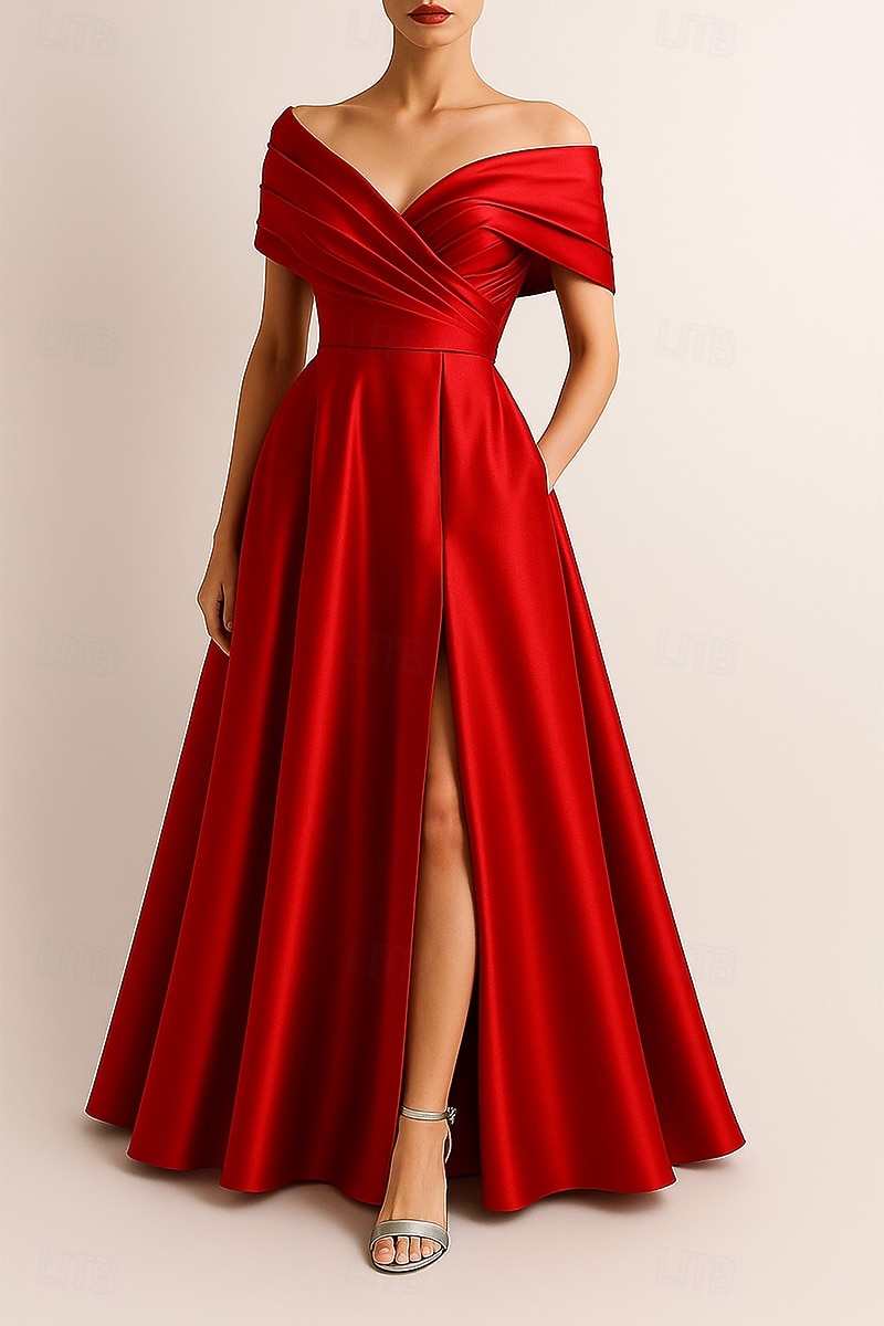 Ligne A Longueur au sol Robe de Soirée Tenue de soirée Élégant Scintillant Style Célébrité Sans manches Épaules Dénudées Formel Mariage Satin Extensible avec Plis Froncé Fente de 2025 ? $154.99 –P6
