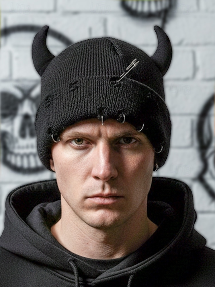 unisex halloween-paholaisen sarvineulepipo – goottilainen punk-kallomyssy hakaneulalla ja rengaskorjauksilla miehille ja naisille, juhla-asu 2025 - $11.99 –P3