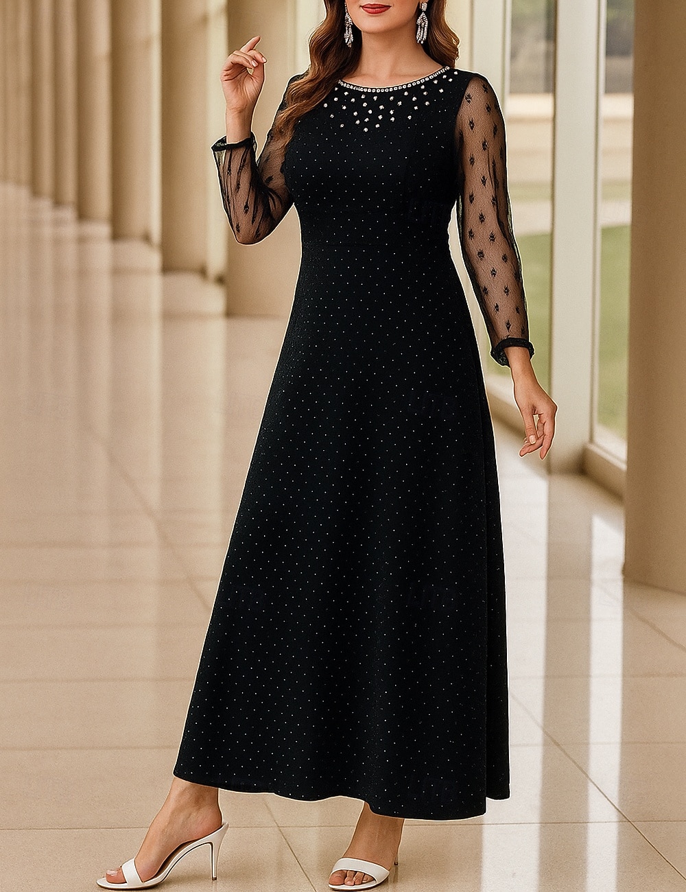 A-Linie Brautmutterkleid Übergröße Glanz & Glamour Rundhalsausschnitt Knöchellänge Chiffon Polyester Langarm mit Perlen 2025 - $74.99 –P1