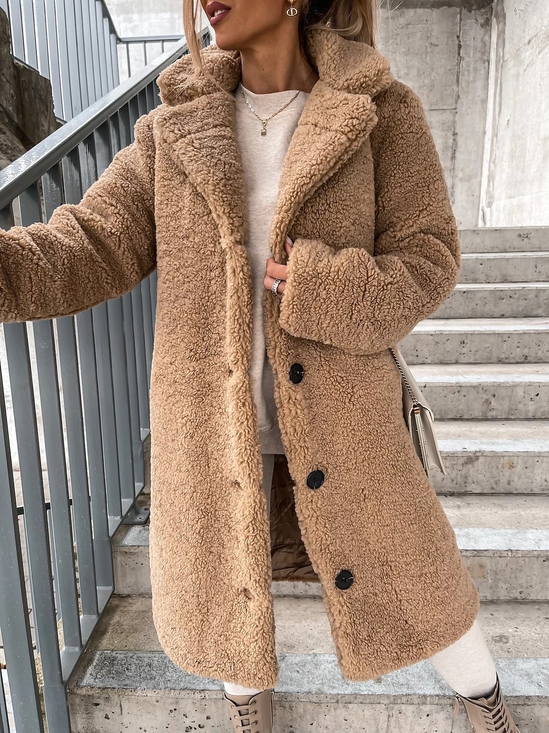 Dam Sherpajacka Bekväm Andningsfunktion Knappar Elegant Ledigt Slät Semester Gata Ledigt Dagliga kläder Enkelknäppt Lång Huva Normal Långärmad Ytterkläder Brun Kaki Beige Vår Höst 2025 - $34.99 –P1