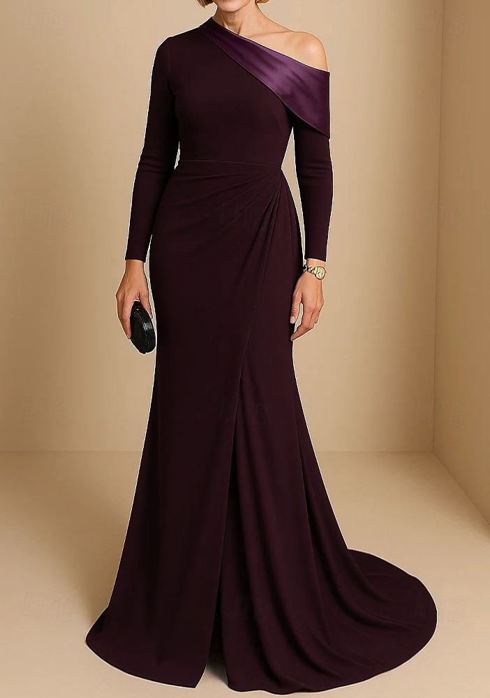 A-Line Sheath Column Sweep Brush Train Prom Dresses Evening Gown Ball Gown Formal Dress Elegant Glittering Celebrity Style Long Sleeve One Shoulder Garden Party Wedding Satin Stretch Satin with Ruched 2026 - $172.99 –P1