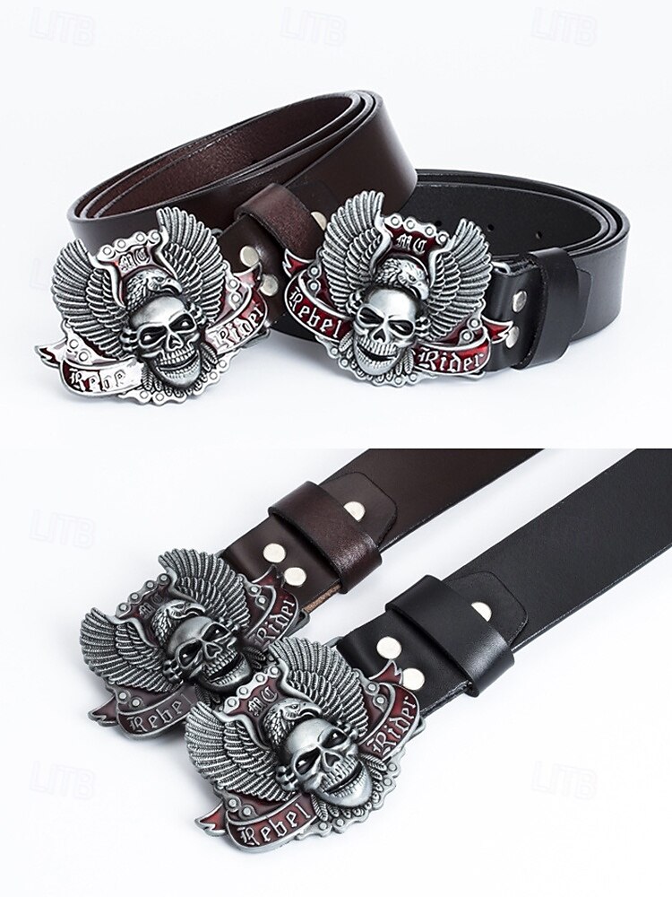 Ceinture en cuir véritable pour homme, motif Halloween, avec boucle tête de mort et aigle – Accessoire style motard gothique punk rock pour fêtes et festivals de 2025 ? $19.99 –P6
