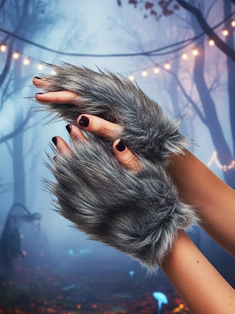 Женские пушистые перчатки в виде лапы оборотня – аксессуары для косплея на Хэллоуин, пушистые варежки в виде когтей монстра для вечеринок и нарядов 2026 - $11.99 –P2