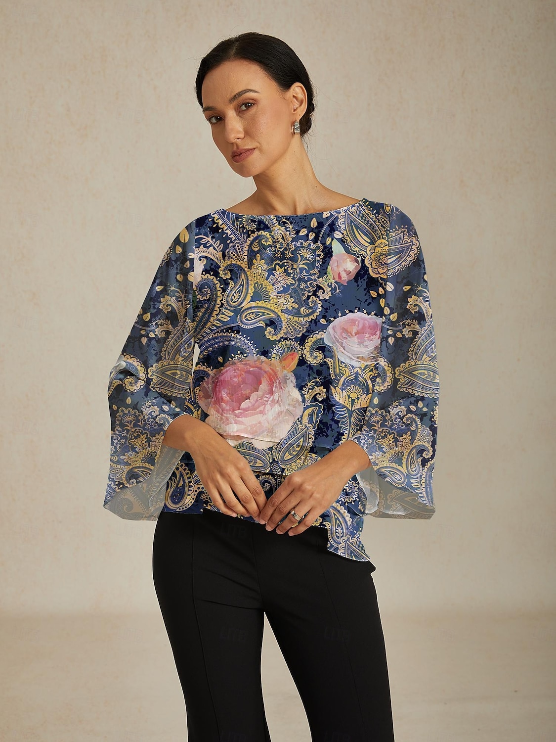 Blusa feminina verde paisley estampa botânica em camadas chiffon resort casual férias primavera verão outono de 2025 por $61.99 –P1