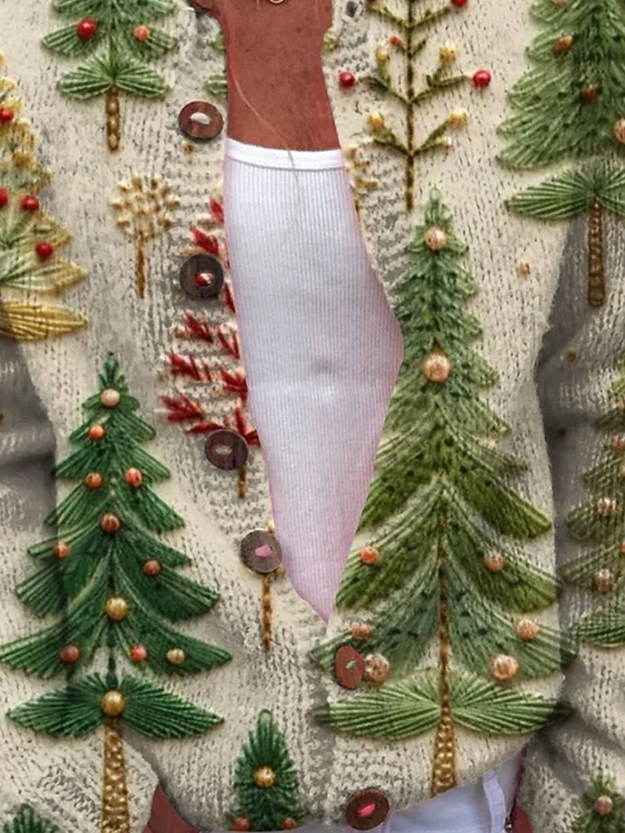 Julens kvinnors kofta daglig grafisk träd ribbad crew neck knappar tryck lång ärm vanliga toppar stickad utomhus semester helg grön beige höst vinter 2025 - $41.99 –P4