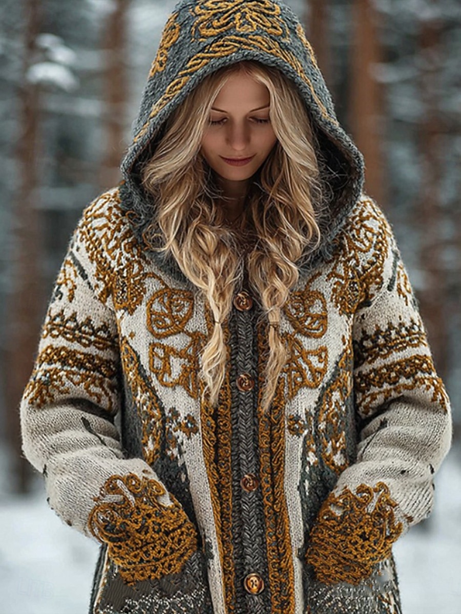 viking boho damkofta vintage vardag etnisk stil geometrisk färg tonad ribbad huva fickor knappar tryck långärmad långa toppar stickad utomhus helg gul blå höst vinter 2025 - $45.99 –P1