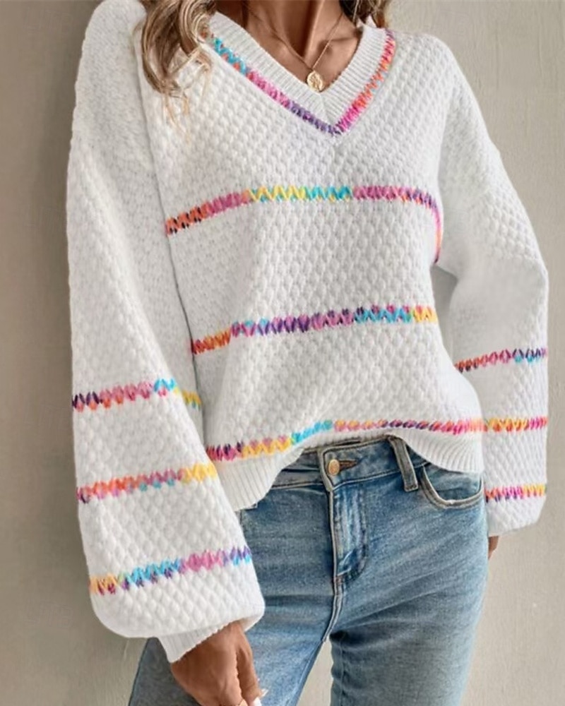 Dámské Svetr Rolák Denní stylové Na běžné nošení Proužky Rýhovaný Do V Pletený Dlouhý rukáv Běžné topy Plést Denní Dovolená Jdeme ven Černá Bílá Podzim Zima 2026 - $36.99 –P2