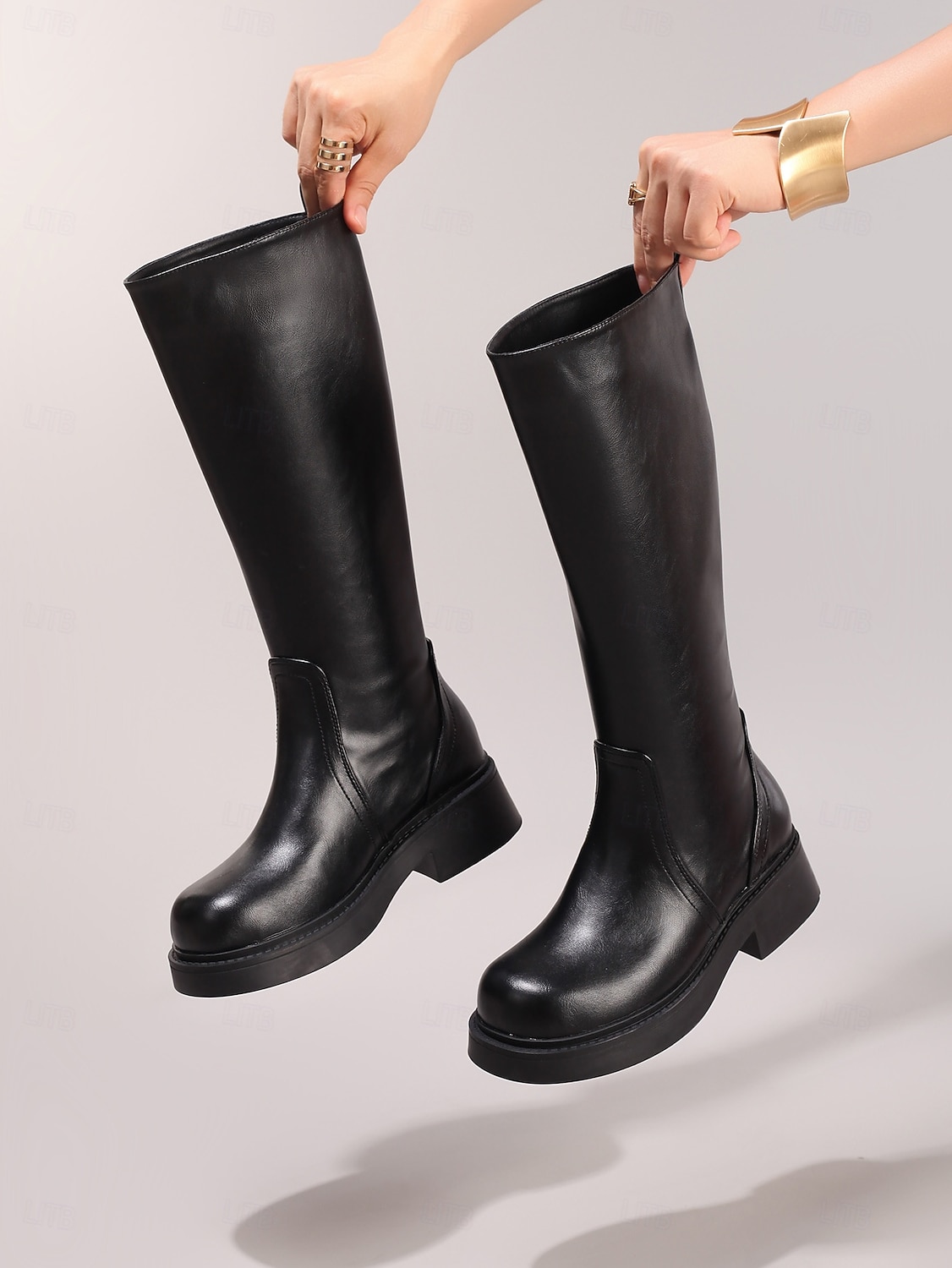 2025年 女性用ブラウンニーハイフェイクレザーブーツ - 秋のファッション、学校、アウトドアに最適なモダンスタイルのローヒール乗馬ブーツ  コレクション – $54.99 –P2