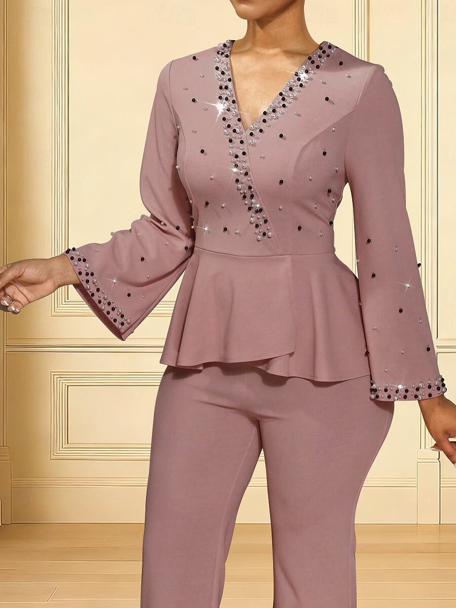 Overalls Knöchellänge Brautmutterkleid Langarm V Ausschnitt Elegant Formell Hochzeitsgast Hochzeitsfeier Stretchstoff mit Rüschen 2026 - $172.99 –P3