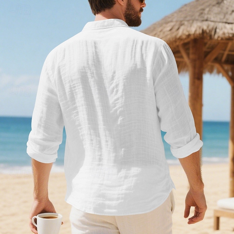 Herren Hemd Leinenhemd Freizeithemd Knopfhemd Baumwollhemd Einfach Urlaub Hawaiianisch Schwarz Weiß Gelb Marineblau Langarm Revers Frühling Herbst Bekleidung 2025 - $19.49 –P6