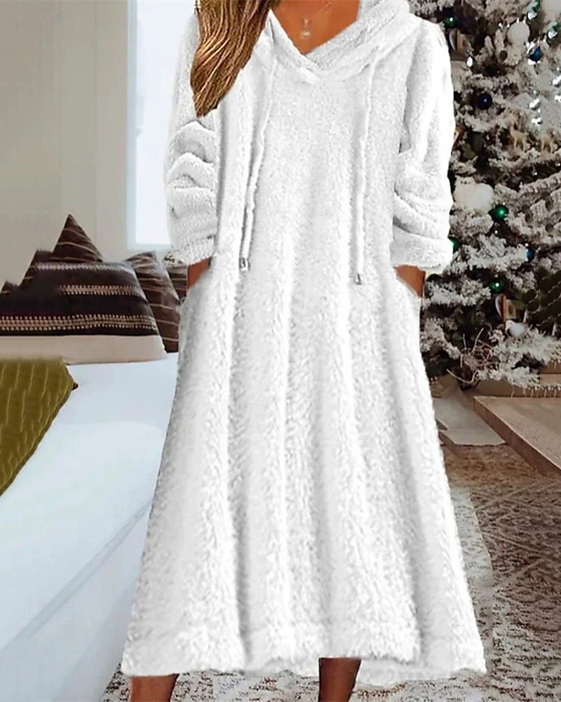 Femmes Robe Midi Robe Décontractée Robe d'Hiver Mode Moderne Quotidien Week-end Coupe régulière Uni manche longue À capuche Blanche Hiver Automne de 2025 ? $29.99 –P3