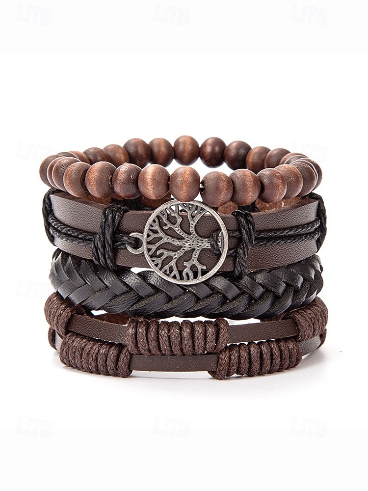 flerlags armbåndsett i ekte skinn for menn – bohemsk perlebesatt livets tre-armbånd for uformelt bruk, fest og reiser 2026 - $9.99 –P8