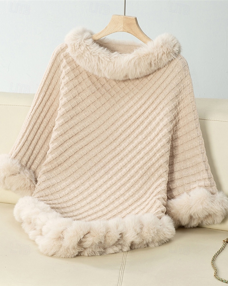 Damen Pullover Schultertuch Elegant Mode Streetwear Einfarbig Gerippt Rollkragen Gestrickt Asymmetrischer Saum Kunstpelzbesatz Halbarm Normale Oberteile Stricken Outdoor Täglich Wochenende Weinrot 2025 - $39.99 –P6