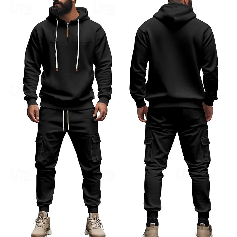 Homme Ensemble Survetement Ensemble de tenues Ensemble de sweats à capuche Sweat à Capuche Extérieur Quotidien Sports Cordon de serrage Avec Poches Uni Rouge vin Noir Blanche Polyester Tenues de Sport de 2026 ? $57.99 –P18