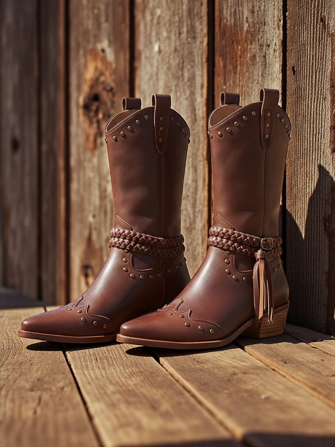 botas de cowboy femininas com tira trançada e detalhes de tachas, calçados estilosos para passeios casuais e eventos com tema western de 2025 por $42.99 –P2