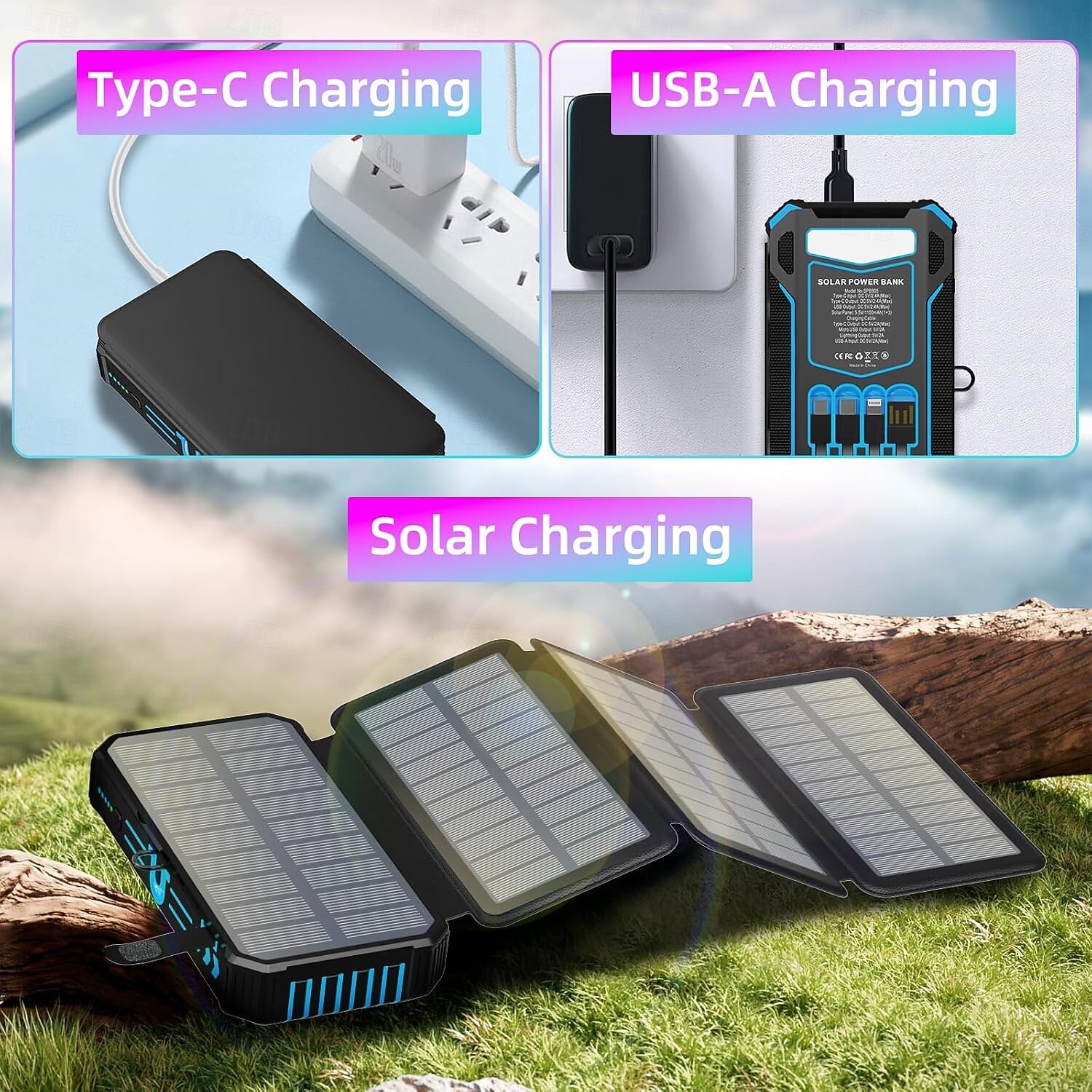 Солнечное зарядное устройство Power Bank-20000 мАч, беспроводное портативное зарядное устройство со встроенными 4 кабелями и 4 солнечными панелями, быстрая зарядка PD QC, аккумулятор USB C с фонариком 2025 - $63.99 –P8