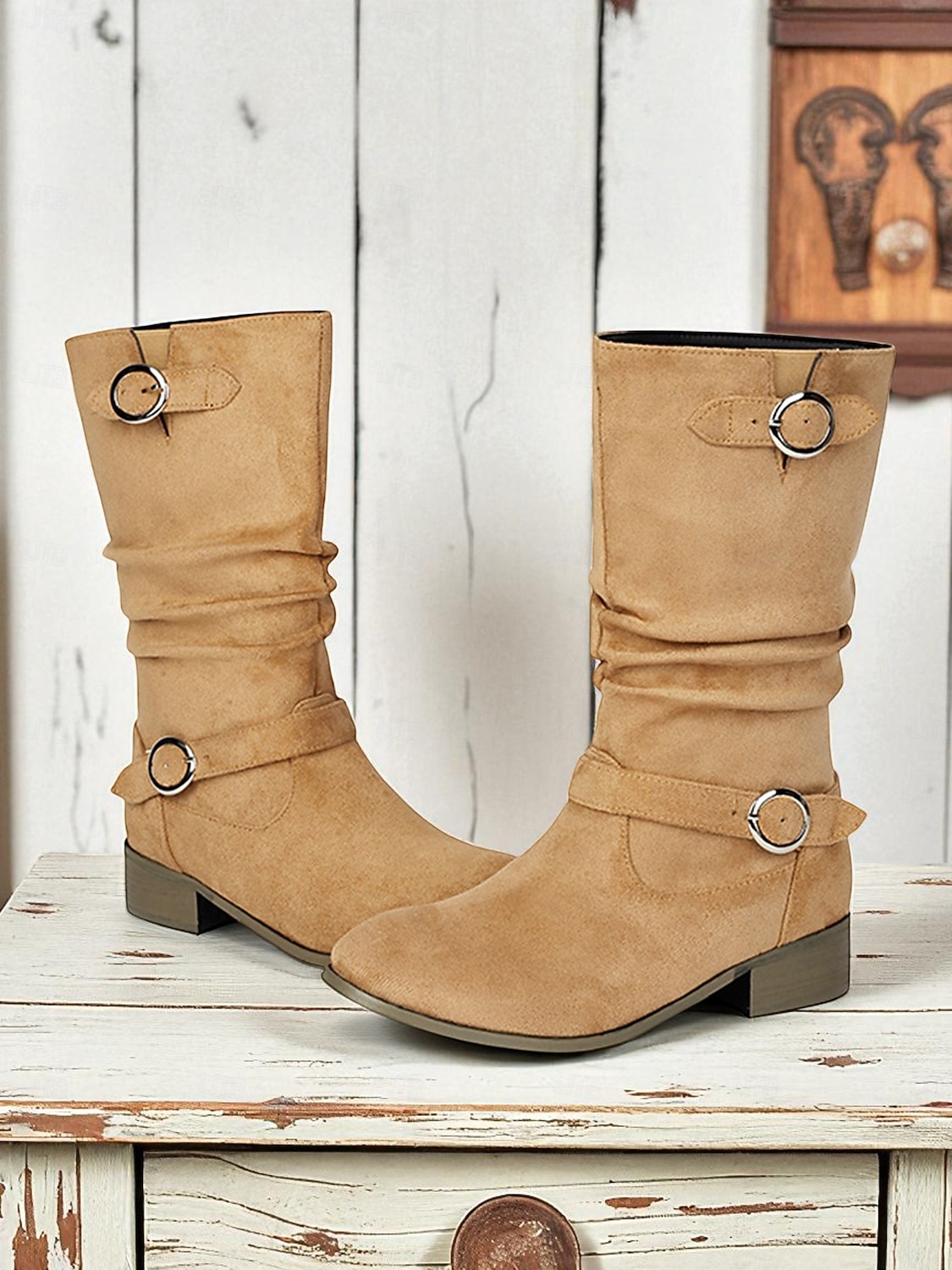 Ghete largi pentru femei cu barete cu cataramă până la jumătatea gambei – ghete de iarnă în stil vintage din piele întoarsă pentru ținute casual și modă de toamnă 2026 - $59.99 –P1