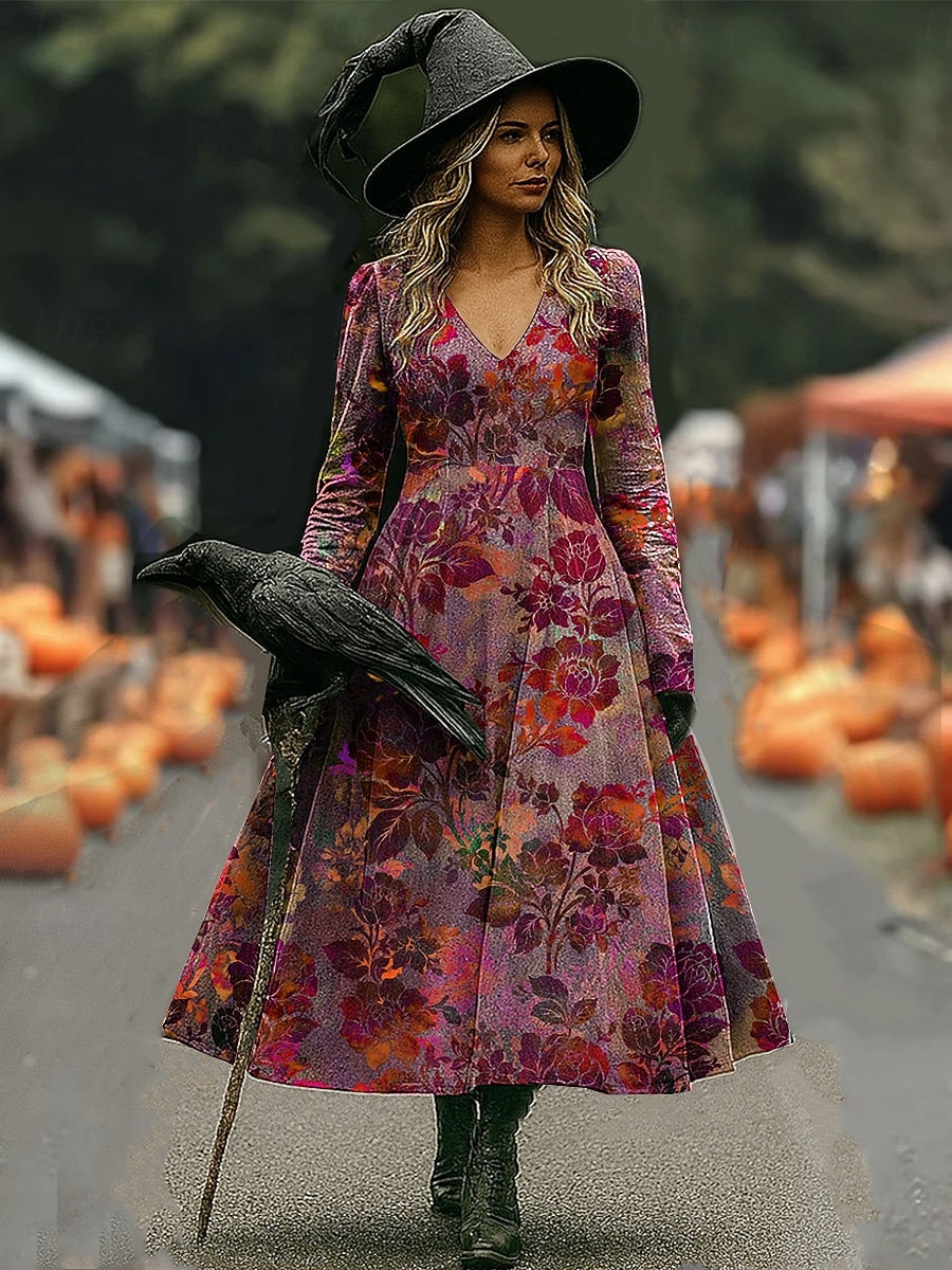 Halloween dámské šaty maxi s potiskem čarodějnice A-line šaty dovolená běžné boho pláž normální střih květinová grafika dlouhé rukávy V výstřih červená modrá fialová oranžová jaro podzim 2025 - $33.99 –P4