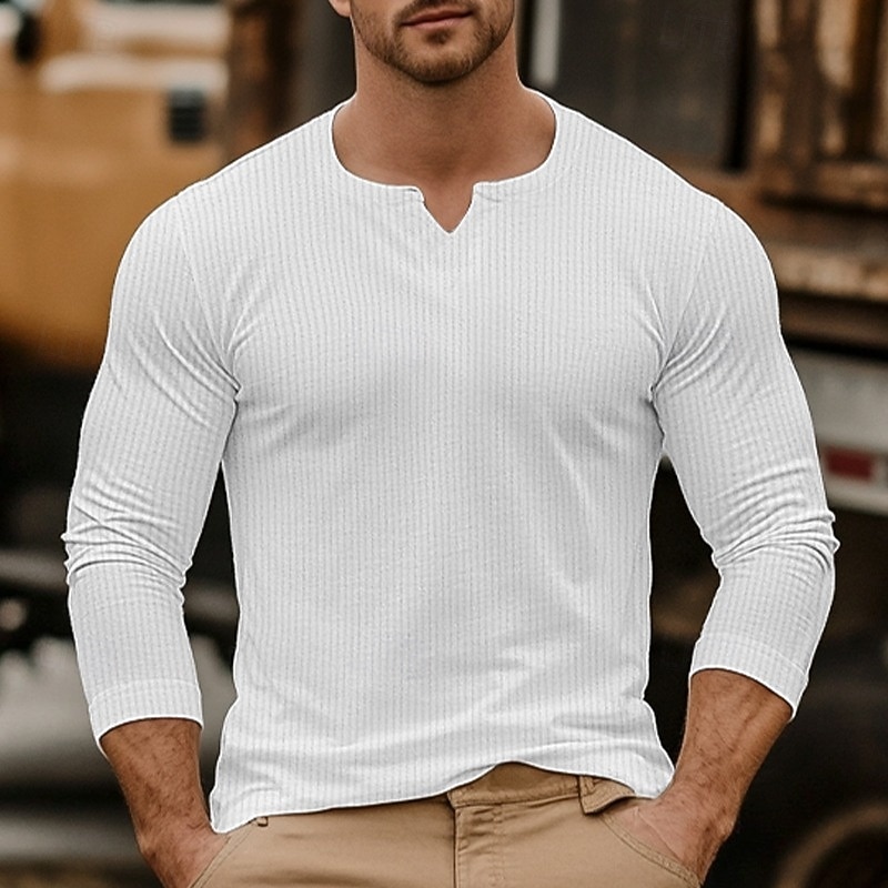 Men's Men V Neck Rib-knit Tee Ribbed Knit tee Tee Top Long Sleeve V Neck Summer Spring Fall Plain Jacquard Modern Casual Comfortable Buttons Basic Home Street Casual Black khaki Beige Top Tee for Men 2025 - $27.99 –P2