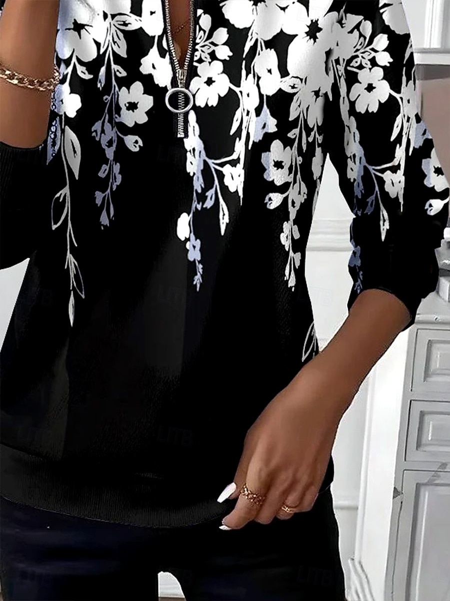 Damskie Bluza z kapturem Bluzy z zamkiem błyskawicznym Niejednolita całość Zamek Nadruk Kwiaty Graficzny Moda Codzienny Długi rękaw Półgolf Okrągły dekolt Zwykłe topy Ulica Na co dzień Czarny Wiosna 2026 - $27.99 –P3