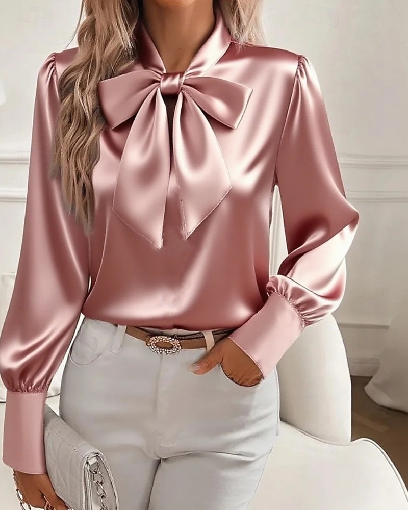 Per donna Camicia Elegant Elegante Top in raso Fiocco Semplice Elegante Manica Lunga Scollo a V Top Regolari Lavoro Ferie Uscire Nero Bianco Rosa Cachi Primavera Autunno del 2026 a $32.99 –P3
