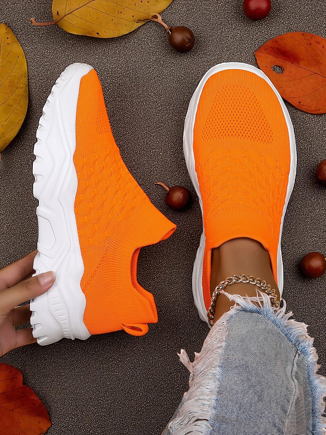Women's Orange Slip-On Flyknit Sneakers – Breathable Mesh Lightweight Walking Shoes with Chunky Sole for Casual and Sport 2026 - $34.99 –P1