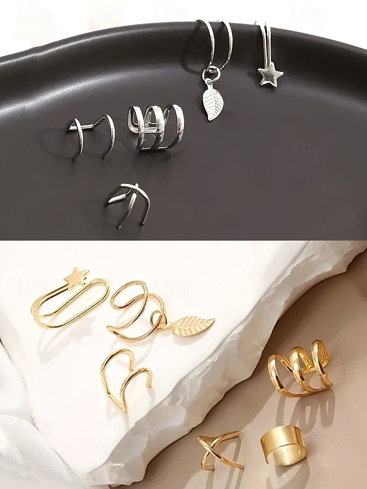 Женский комплект из золотых и серебряных сережек-каффов – серьги-клипсы без пирсинга с рисунком в виде звезд и листьев, модные украшения в стиле панк для вечеринок и повседневной носки 2026 - $7.99 –P6