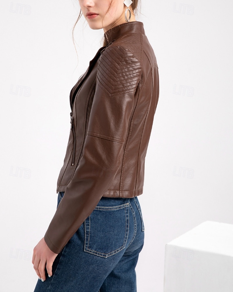 Per donna Giacca in Ecopelle Confortevole Cerniera Tasca Casual Semplice Vacanza Abbigliamento quotidiano Uscire Weekend Regolare Collo ripiegato Vestibilità regolare Manica Lunga Capispalla Nero del 2025 a $53.99 –P7