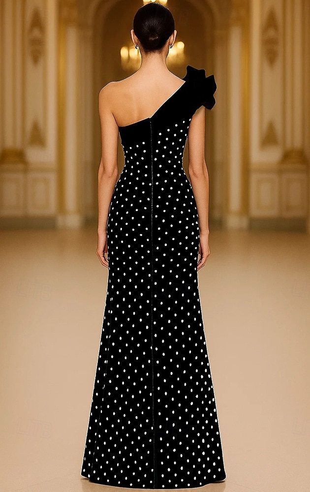 Abendkleid mit schwarzer Krawatte, Etuikleid/Säule, elegantes Abendkleid, formelle Hochzeit, bodenlang, ärmellos, eine Schulter, Samt mit Perlen und Schulterblumen 2025 2025 - $189.99 –P3
