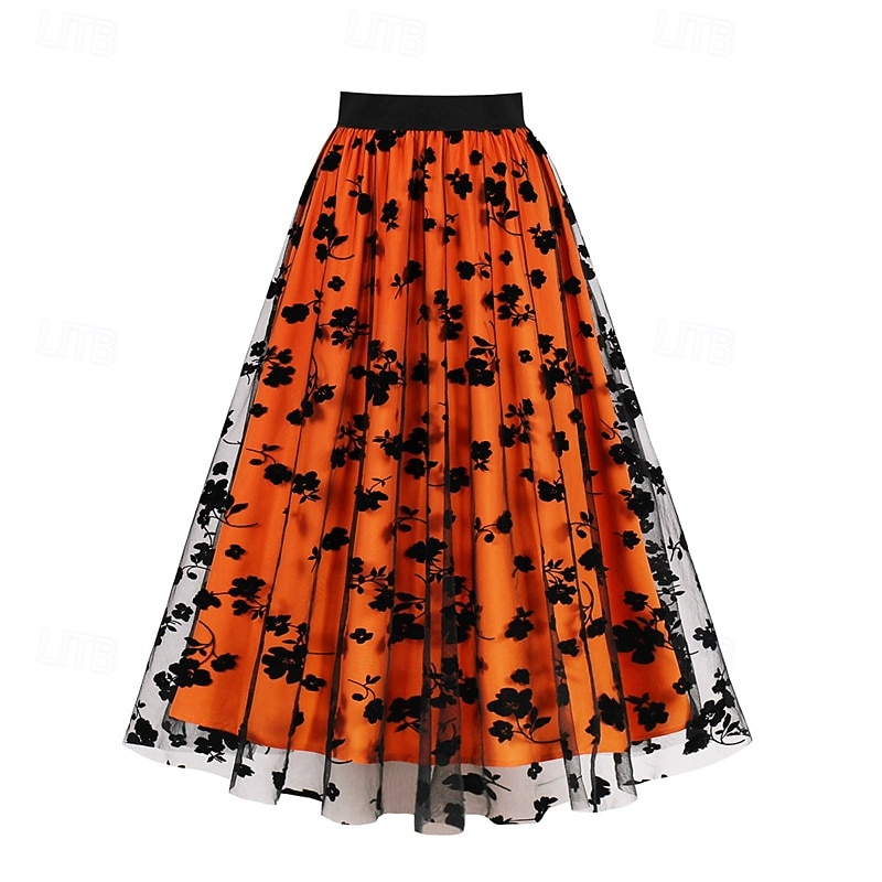 Dam Kjol Gunga Mode Ledigt Maxi Mellanhög midja Kjolar Blommig Sparkle Tulle Microelastisk Semester Halloween Röd Orange Kaki Vår Polyester 2025 - $34.99 –P5