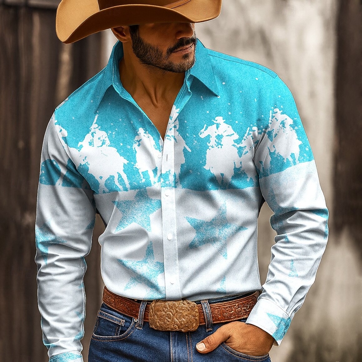 Men's Stars Cowboy Riding Horse Shirt Western Shirt Button Up Shirt Long Sleeve Vintage Retro Outdoor Casual WorkWear Spring Fall Turndown 3D Print Collared Shirts Blue Yellow Orange Apricot 2026 - $27.99 –P6