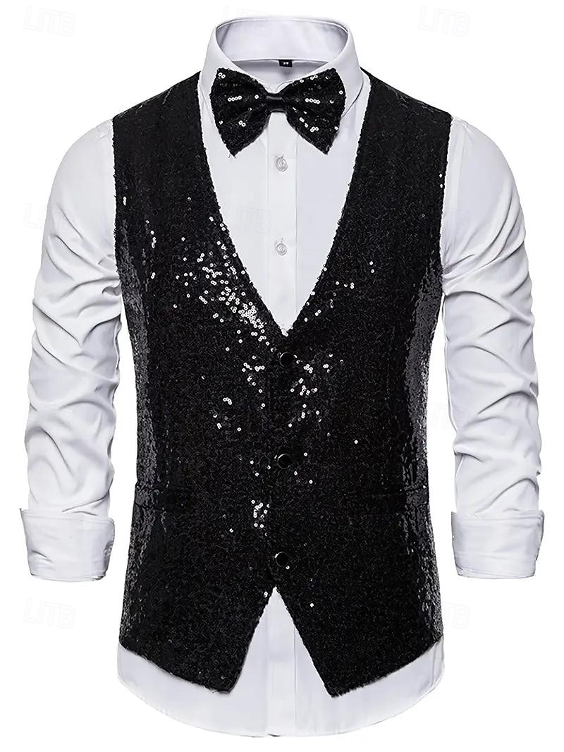 gilet da uomo con scollo a V, tinta unita, nero, argento e oro, vestibilità su misura del 2025 a $39.99 –P7