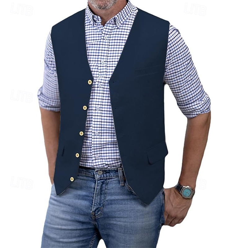 Per uomo Gilet Vacanza Feste Affari Moda Casual Primavera Autunno Tasca Bottoni 75% cotone Confortevole Semplice Monopetto Un Bottone Scollo a V Vestibilità regolare Argento Nero Bianco Champagne del 2025 a $39.99 –P8