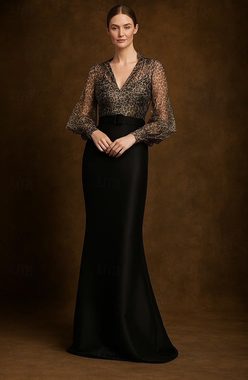 Sirène / Trompette Fourreau / Colonne Robe de Soirée Élégant Robe de soirée Formel Mariage Longueur au sol manche longue Col en V Robe Rose Satin avec Imprimé 2025 de 2025 ? $144.99 –P1