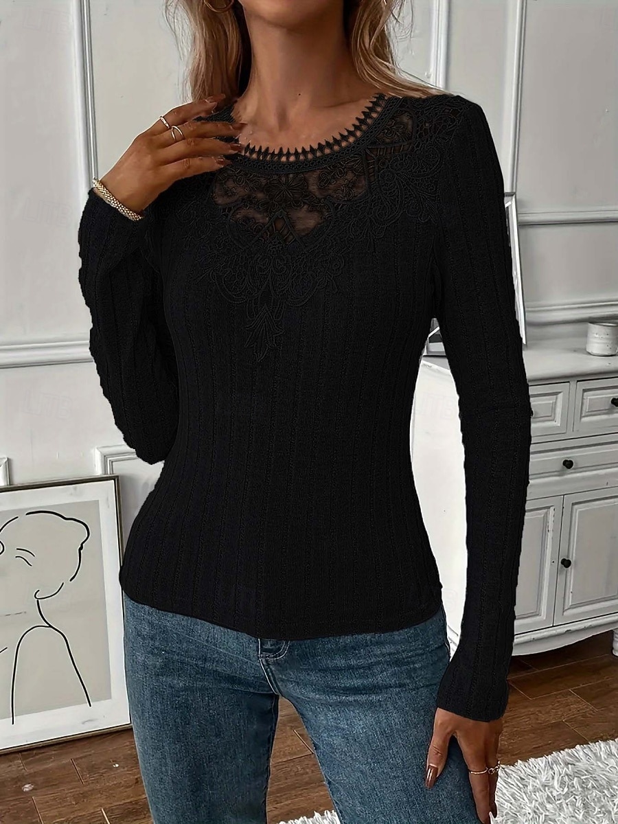 Per donna Blusa Pizzo Patchwork Tinta unica Elegante Essenziale Casual Manica Lunga Girocollo Top Regolari Quotidiano Nero Bianco Rosa Viola Grigio Primavera Autunno Inverno del 2026 a $21.99 –P11