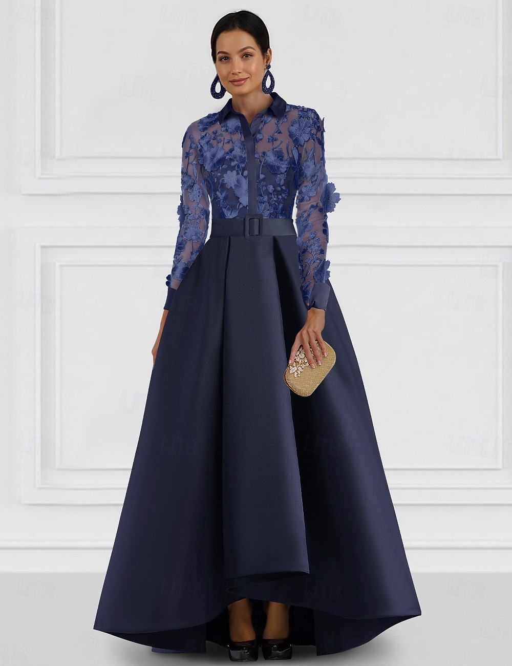 A-Line Floor Length Evening Gown Ball Gown Formal Dress Elegant Long Sleeve Shirt Collar Formal Holiday Pocket Satin Lace with Embroidery 2026 - $175.99 –P3