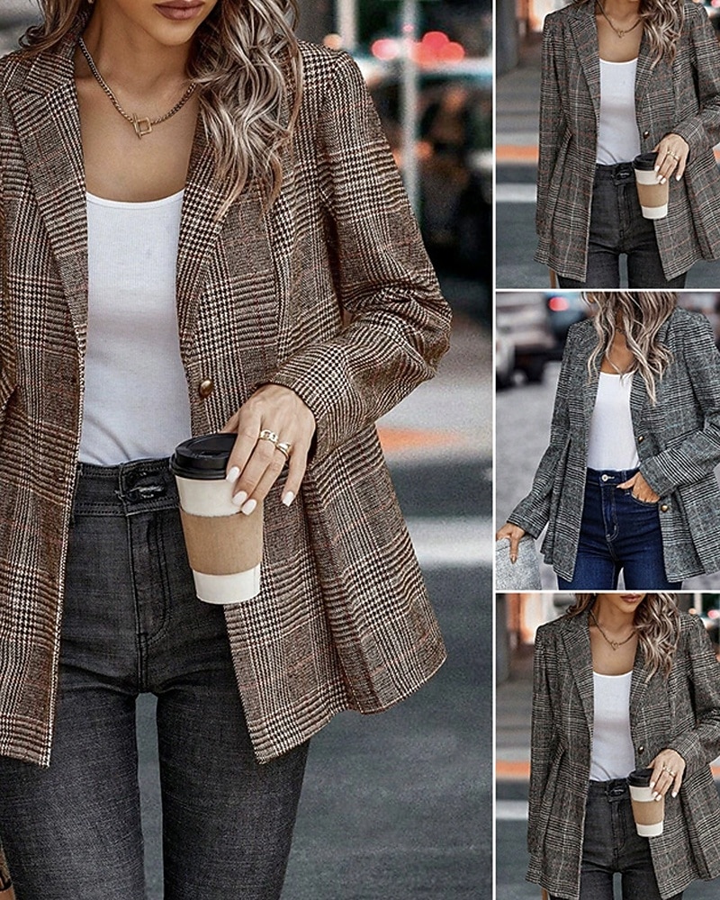 Dam Kavaj Bekväm Knappar Elegant Mode Utomhus Galler Utekväll Ledigt / vardag Helgen Cardigan Normal Kavajslag Normal Långärmad Ytterkläder Svart Orange Vår Höst 2025 - $27.99 –P1