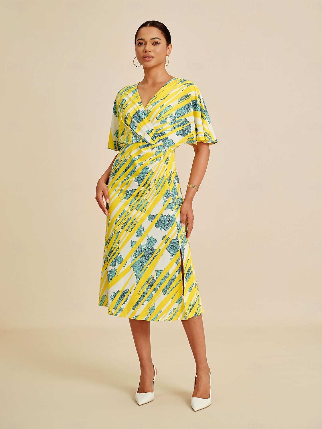 abito midi da donna manica a pipistrello elasticizzato stampa audace elegante versatile casual quotidiano primavera estate autunno del 2025 a $86.99 –P1