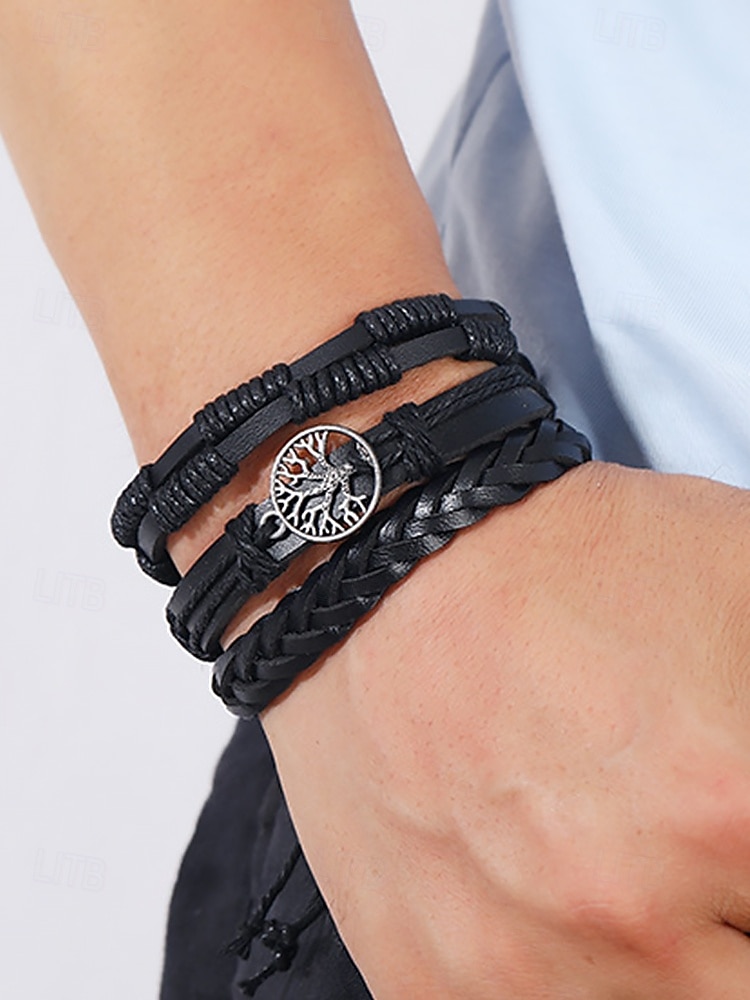 flerlags armbåndsett i ekte skinn for menn – bohemsk perlebesatt livets tre-armbånd for uformelt bruk, fest og reiser 2026 - $9.99 –P1