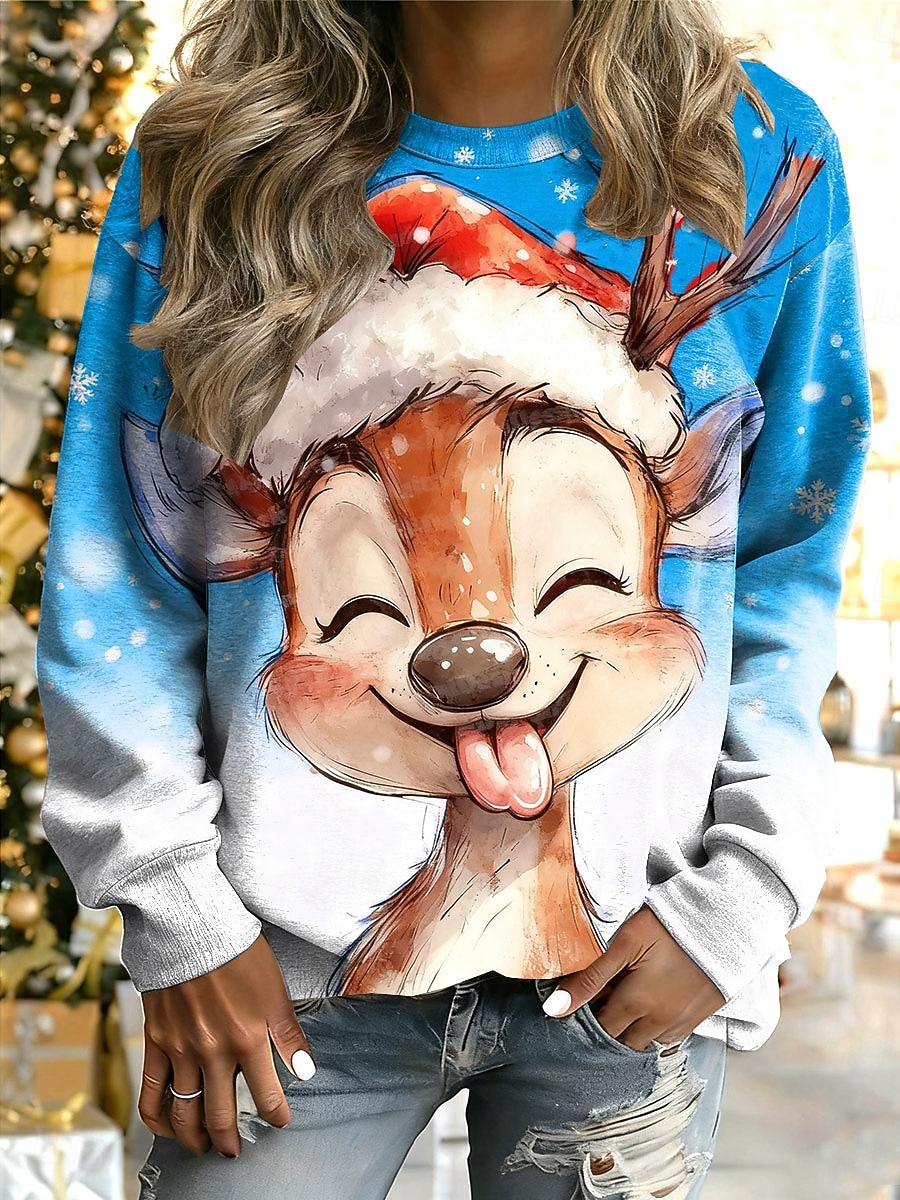 Dame Pullover Grafisk Reinsdyr Stygg jul Varm Klassisk Fritid Langermet Crew-hals Vanlige topper Hjem Gate Hverdag Trykt mønster Rosa Rød Blå Grønn Høst Vinter 2025 - $29.99 –P2