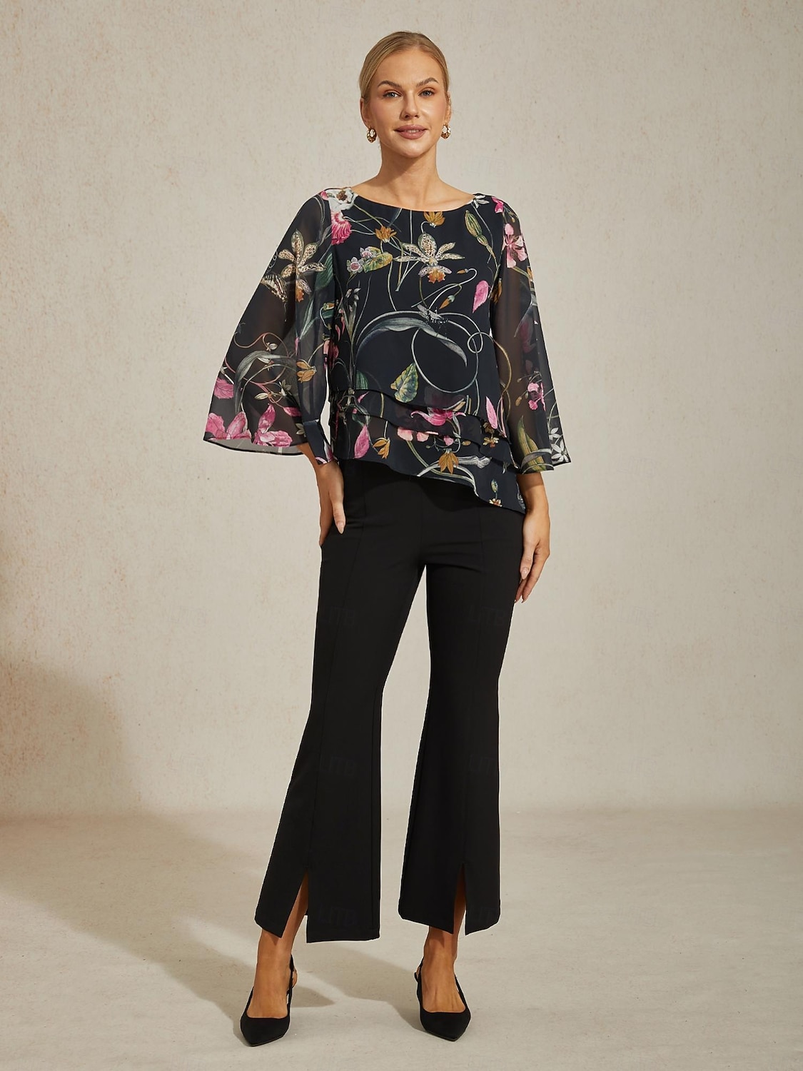 Blusa de mujer negra floral, manga 3/4, suelta, cuello redondo, informal, elegante, para vacaciones, primavera, verano y otoño. 2026 - $15.99 –P2